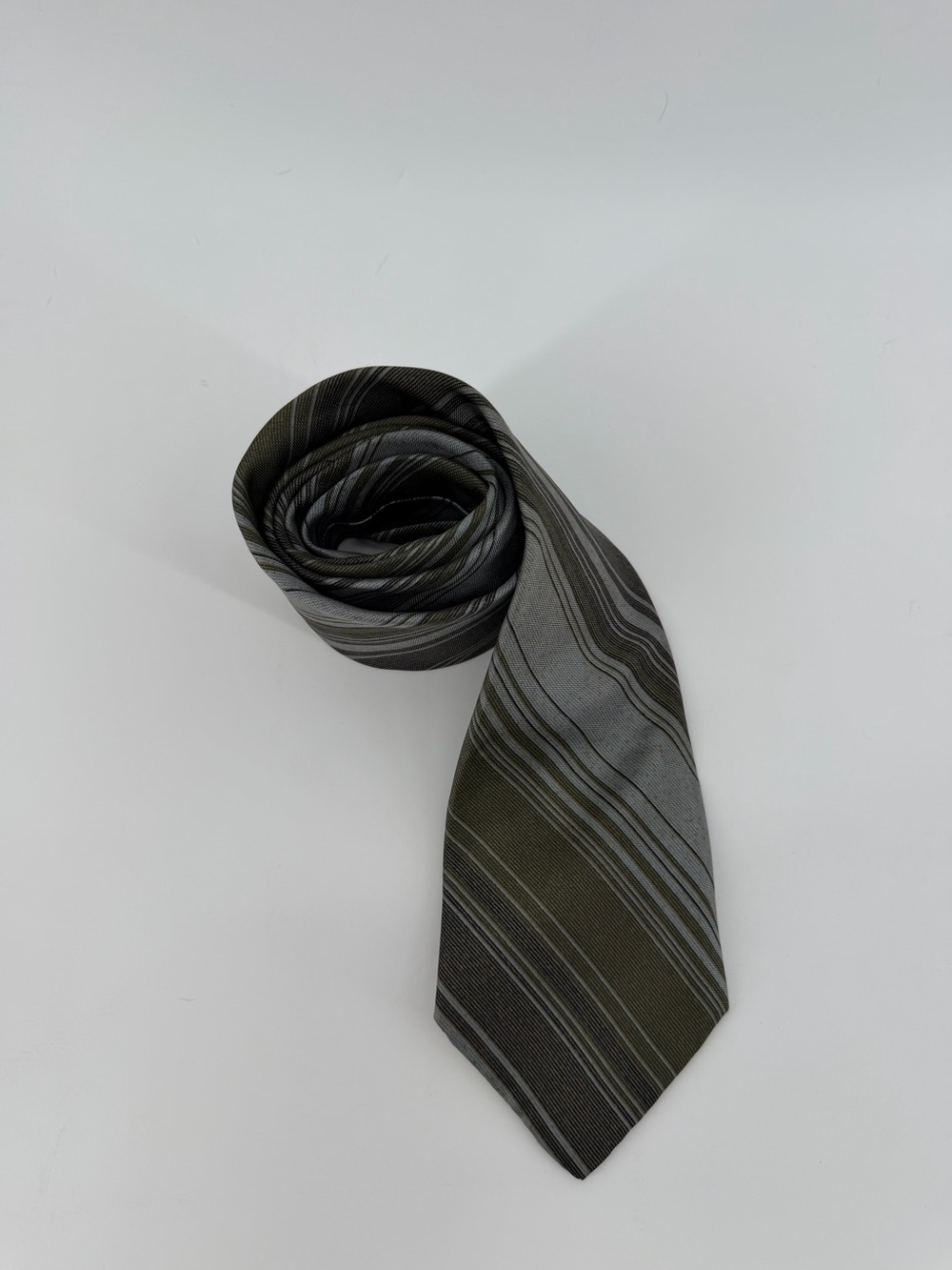 Guy Laroche Olive and Gray Striped Silk Tie